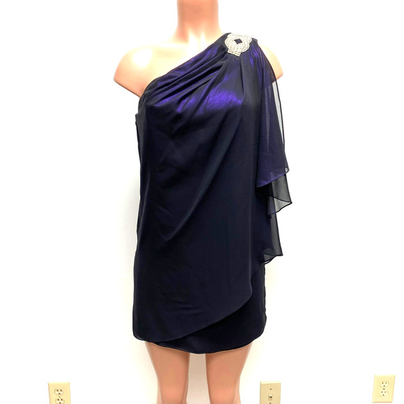XSCAPE by Joanna Chen Blue Purple Rhinestone One Shoulder Cocktail Mini Dress 6 - Picture 1 of 9